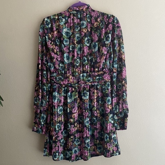 Zara Metallic Thread Floral High Neck Long sleeve Short Mini Dress Size M - Picture 5 of 13